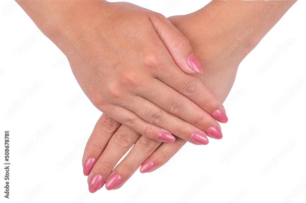 Woman's hands with pink nails manicure Isolated on white background. Woman's hands with pink nails manicure Isolated on white background.