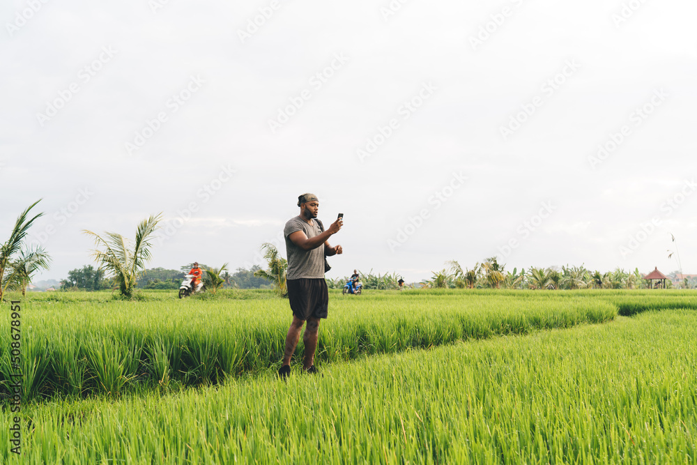 Side view of travel blogger with cellular technology photographing nature environment while visiting rice fields at Bali, African American hipster guy with mobile phone making photo of scenery