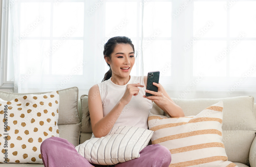Relaxed smiling asian woman on the couch at home, she is using a smartphone and texting. Relaxed smiling asian woman on the couch at home, she is using a smartphone and texting.