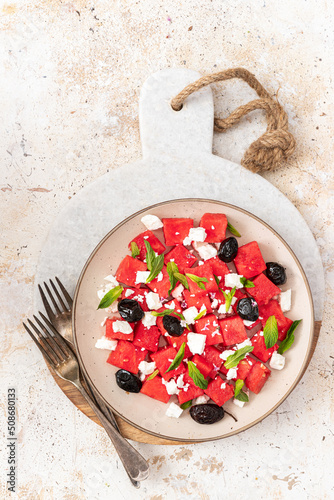 Watermelon Salad with Feta,olives and Mint	