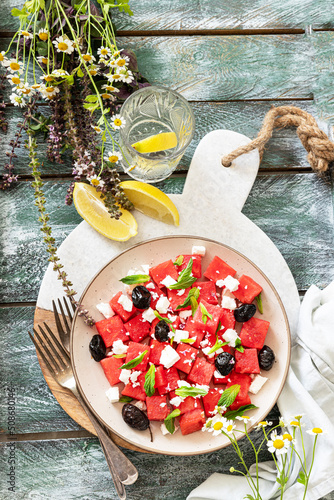 Watermelon Salad with Feta,olives and Mint	