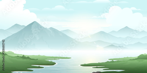 Landscape of mountains and lakes. The blue sky over the mountains in the morning.