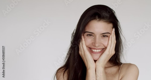 Beautiful woman face healthy skin beauty concept close up female lips eyes white background. skincare treatment, cosmetics and anti age plastic surgery. Face lifting, cosmetics and make-up.