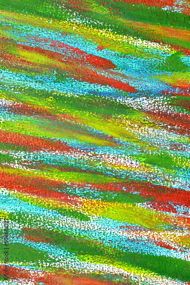 Creative background of colorful brush strokes on canvas closeup. Abstract art background from smeared brush strokes of green red white blue yellow colors macro. Drawing painting paint texture backdrop
