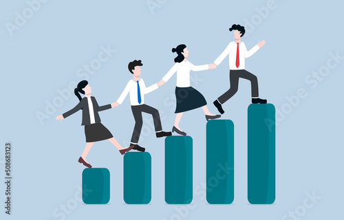 Team success and development, collaboration for 
growing productivity, business teamwork concept. Teammates holding hands together walking up growing up bar graph.