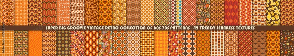 Super big set of 42 colorful retro patterns. Vector trendy backgrounds in 70s style. Abstract modern geometric and floral ornaments, vintage backgrounds
