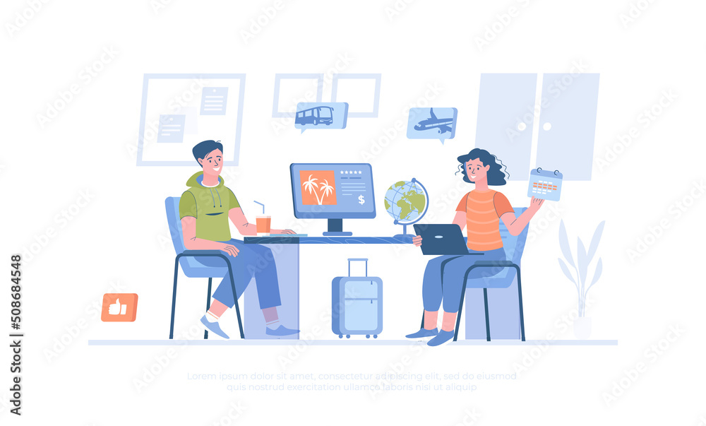 Travel agency, touristic service, tour operator. Company manager consulting client on the choosing vacation tour. Cartoon modern flat vector illustration for banner, website design, landing page.