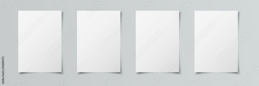 White realistic blank paper page set isolated on gray background. Four A4 size sheet papers with shadow. Mock up template for your design. 3d vector illustration