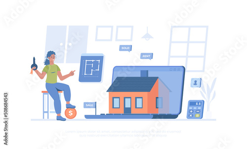 Fototapeta Naklejka Na Ścianę i Meble -  Real estate online. Buying, renting, housing virtual tour. Application for a quick search for housing online. Cartoon modern flat vector illustration for banner, website design, landing page.