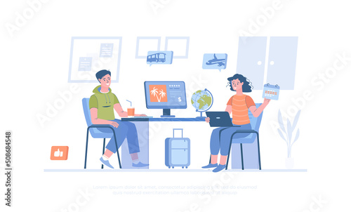 Travel agency, touristic service, tour operator. Company manager consulting client on the choosing vacation tour. Cartoon modern flat vector illustration for banner, website design, landing page.