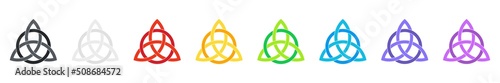 Colorful celtic triquetra knot set. Celtic trinity knot. Intertwined triangular figure. Wiccan divination and protection symbol. Ancient occult sign. Logo template. Vector illustration