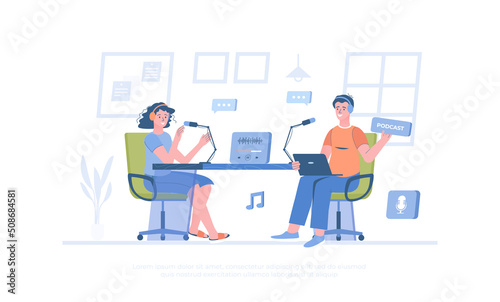 Recording audio podcast. Live streaming, broadcast, news, interview, talk show, blog. Man and woman with headphones talking to microphones. Cartoon modern flat vector illustration for banner, website