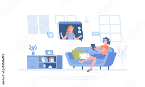 Online friends meeting. Social connection, video call, chatting, zoom conference. Cartoon modern flat vector illustration for banner, website design, landing page.