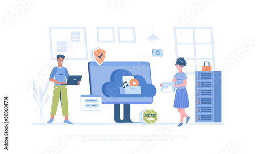 Cloud computing, storage concept. Technology file upload, backup on cloud server. Cartoon modern flat vector illustration for banner, website design, landing page.