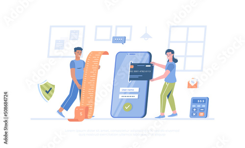 Online payment via mobile application. Bank account app. Pay bills and services online. Cartoon modern flat vector illustration for banner, website design, landing page.