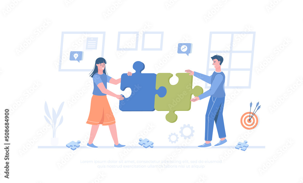 Partnership Teamwork Brainstorming Meeting concept. Business team connecting pieces of puzzles. Cartoon modern flat vector illustration for banner, website design, landing page. Partnership Teamwork Brainstorming Meeting concept. Business team connecting pieces of puzzles. Cartoon modern flat vector illustration for banner, website design, landing page.