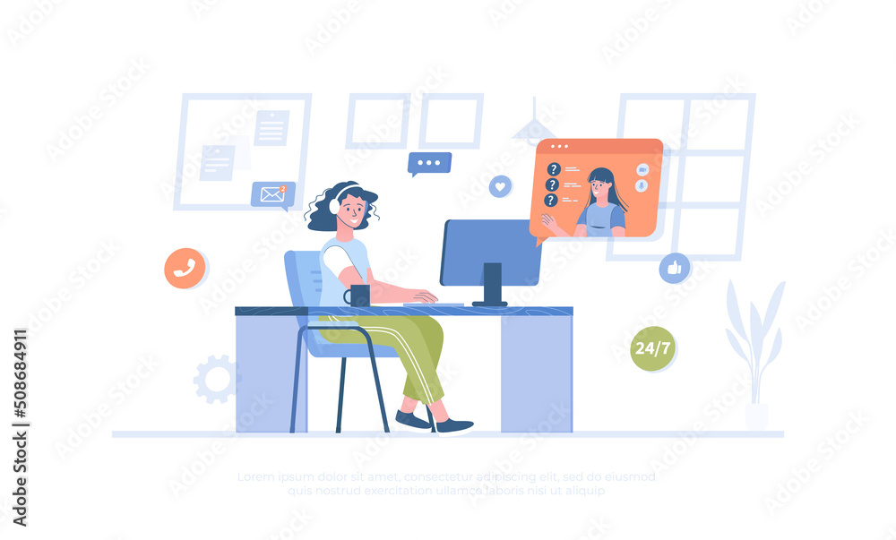 Customer service. Operator in headphones consult clients, answers the questions and solve problems. Cartoon modern flat vector illustration for banner, website design, landing page. Customer service. Operator in headphones consult clients, answers the questions and solve problems. Cartoon modern flat vector illustration for banner, website design, landing page.