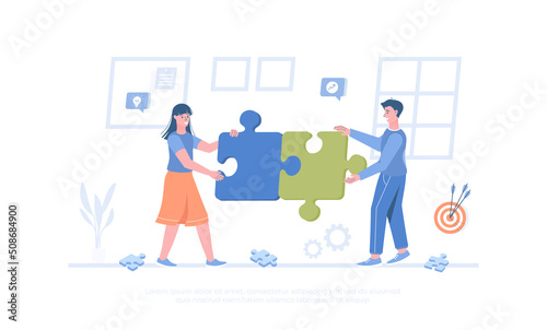 Partnership Teamwork Brainstorming Meeting concept. Business team connecting pieces of puzzles. Cartoon modern flat vector illustration for banner, website design, landing page.