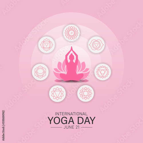 International yoga day banner or poster template design with seven chakras. Woman doing yoga pose, vector illustration.