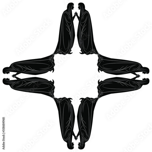 Square cross shape or rectangular frame with medieval women. Black and white silhouette.