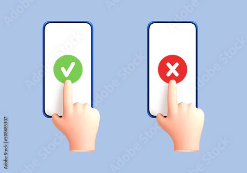 3D cartoon hands use smartphones with checkmarks set. Tick and cross check marks. Icons check mark and a cross on the smartphone screen. Vector 3d illustration
