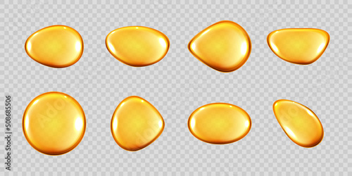 Realistic oil drops. Cosmetics, omega 3 golden drops. Serum or collagen essence isolated on transparent background