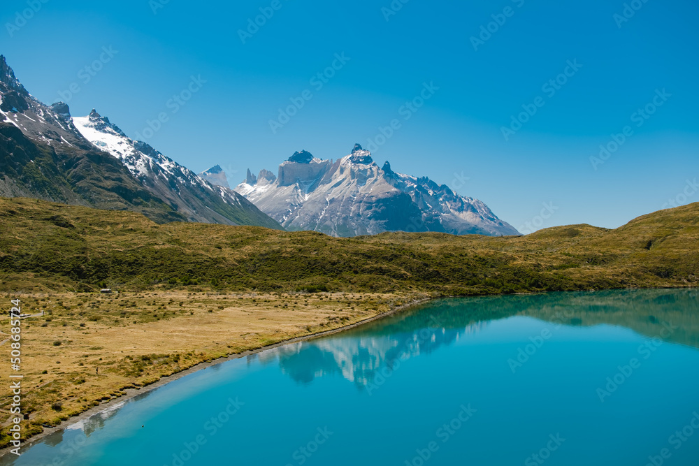 Torres del Paine National Park with Pehoe lake and Cuernos del Paine mountain in Chile