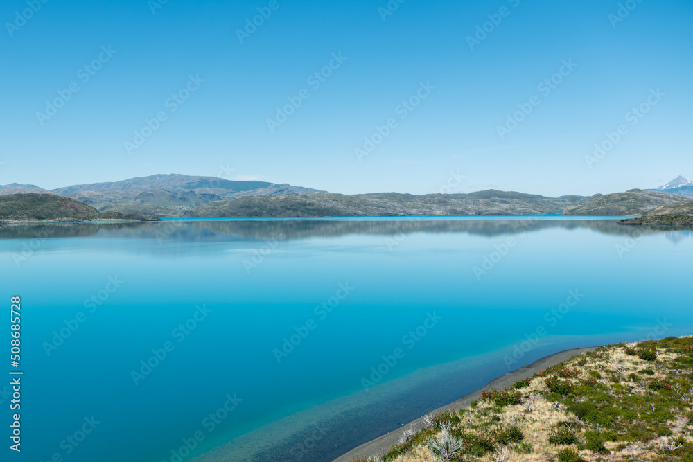 Pehoe lake with blue sky background, Torres del Paine National Park of Chile