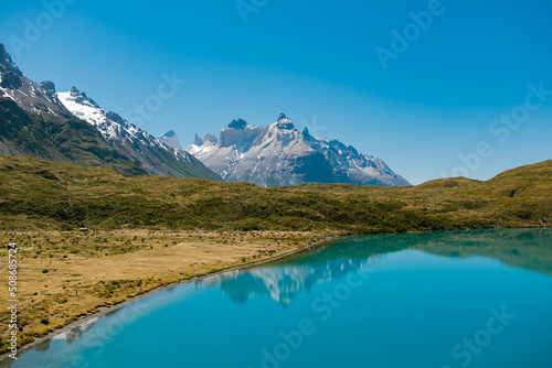 Torres del Paine National Park with Pehoe lake and Cuernos del Paine mountain in Chile