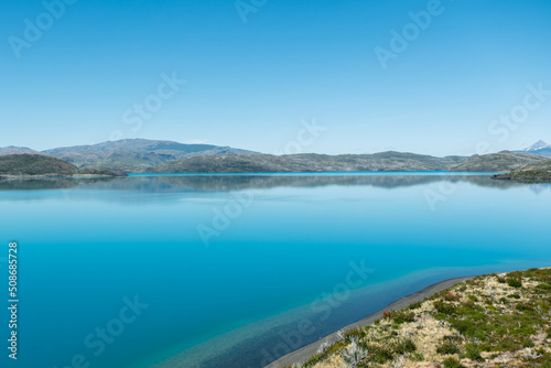 Pehoe lake with blue sky background, Torres del Paine National Park of Chile
