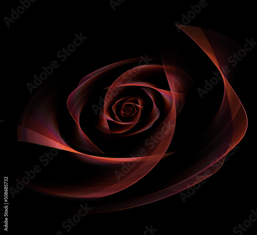 Fototapeta Naklejka Na Ścianę i Meble -  3D illustration. Fractal. The bending of the grid lines in the form of a flower bud. Tea rose on a black background. Close-up. Texture, background, graphic element for web design.