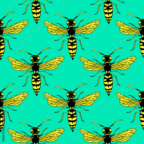 Seamless pattern with colorful  wasps summer, isolated on bright turquoise background. Decorative cartoon insect stylish texture