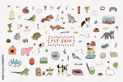 Pet shop cats and dogs vector illustrations set