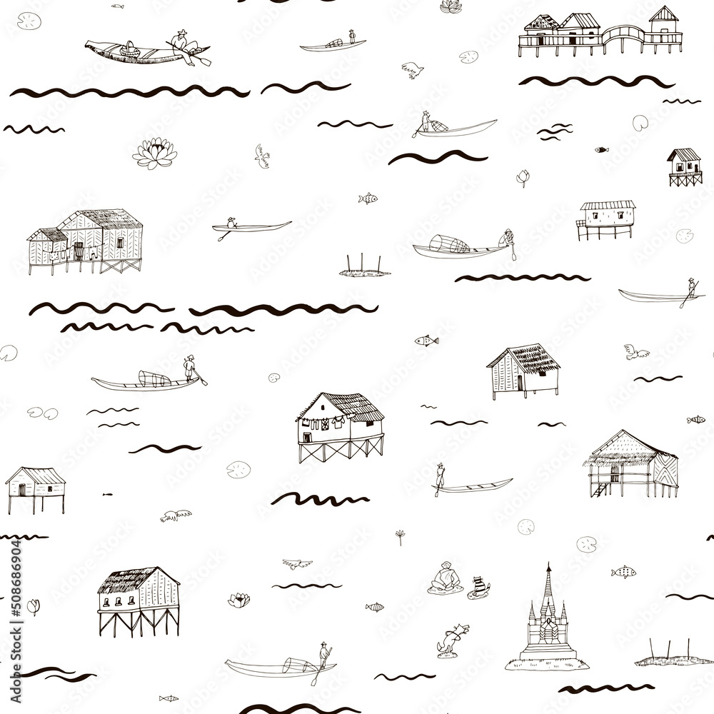 Asian Vietnam city on the water vector seamless pattern