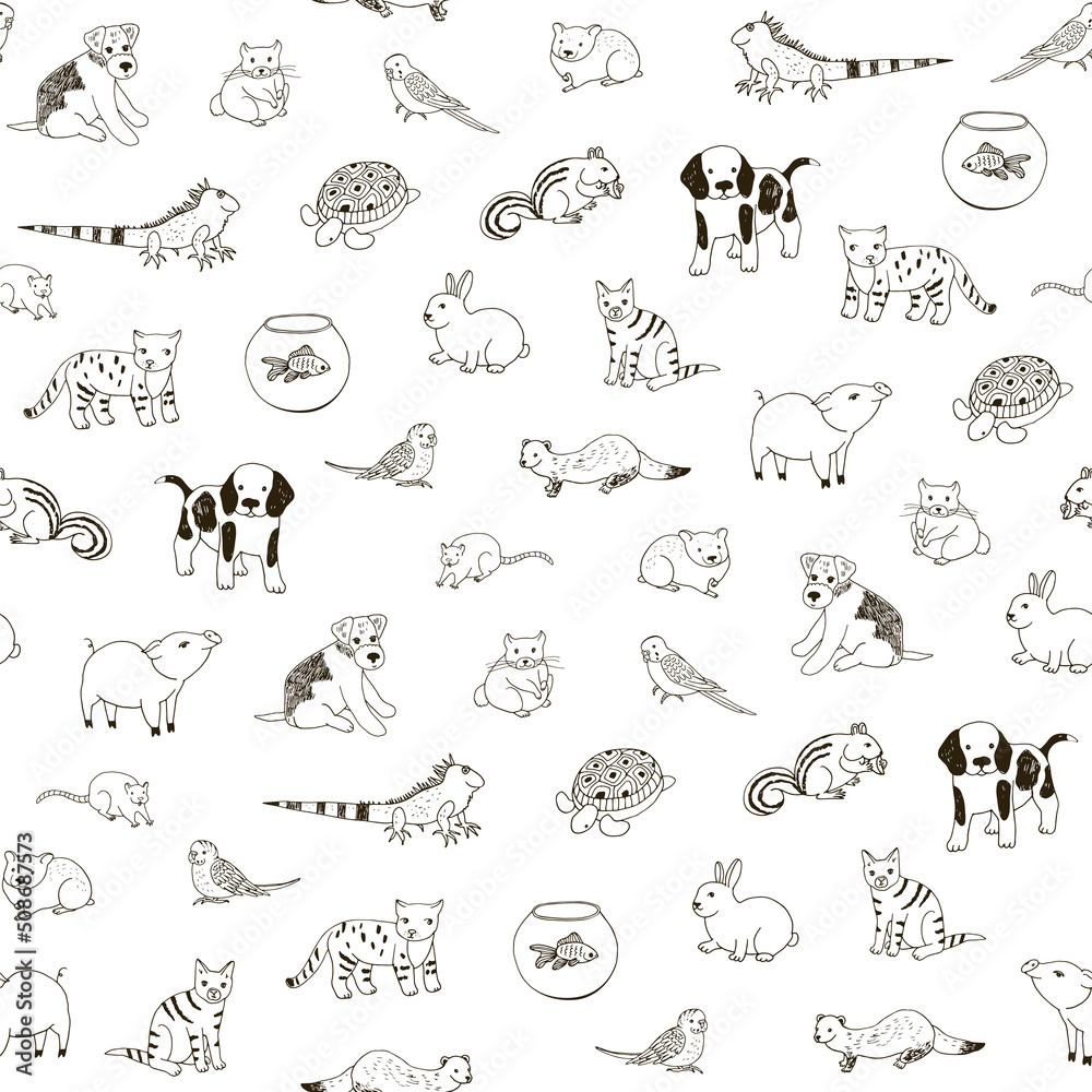 Pets animals cat, dog, rabbit, pug, turtle, budgerigar, ferret, fish vector seamless pattern Pets animals cat, dog, rabbit, pug, turtle, budgerigar, ferret, fish vector seamless pattern