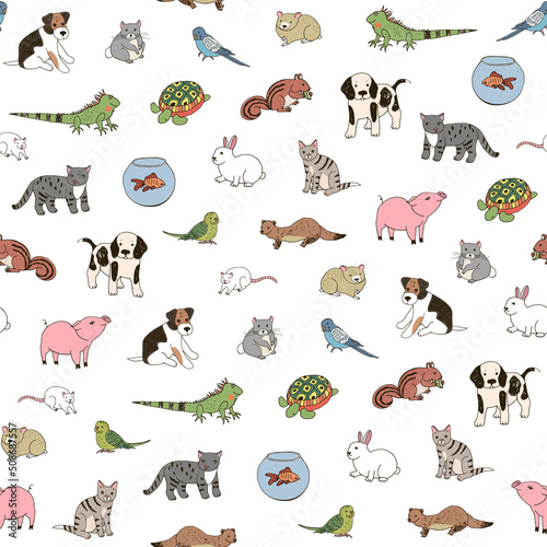 Fototapeta Naklejka Na Ścianę i Meble -  Pets animals cat, dog, rabbit, pug, turtle, budgerigar, ferret, fish vector seamless pattern