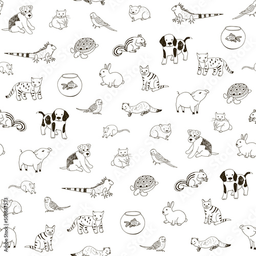 Pets animals cat, dog, rabbit, pug, turtle, budgerigar, ferret, fish vector seamless pattern