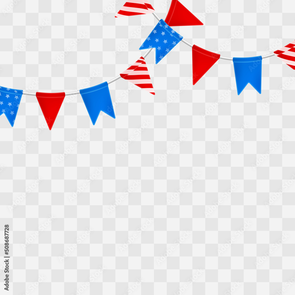 Header with garland with red and blue flags with stars and stripes isolated on transparent background. Elements for American, USA Holidays, decor, design, paty, banner, poster, greeting card. Header with garland with red and blue flags with stars and stripes isolated on transparent background. Elements for American, USA Holidays, decor, design, paty, banner, poster, greeting card.