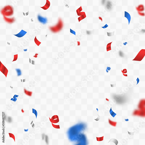 Vector scattered confetti in American, USA colors, red, blue white ribbons on transparent background. Holiday illustration for greeting card, banner, decor, design, party. 