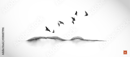 Birds flying over the hill. Traditional oriental ink painting sumi-e, u-sin, go-hua. Translation of hieroglyph - eternity