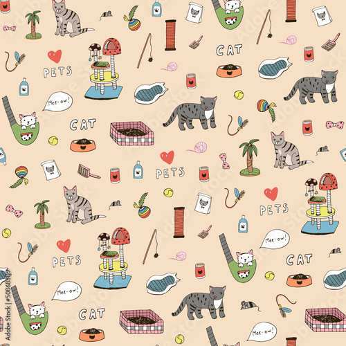 Pet cat vector seamless pattern