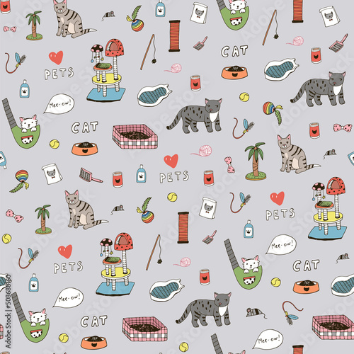 Pet cat vector seamless pattern