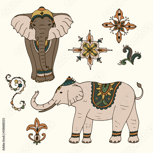 Burmese zodiac elephant signs animals vector illustrations set