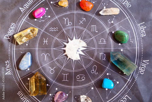 Healing crystals on brown background