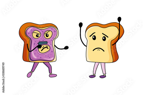 The robber aims with a gun at a scared person. Cute funny toast characters. Robbery on the street, crime. Vector illustration, flat design, cartoon style, isolated background.
