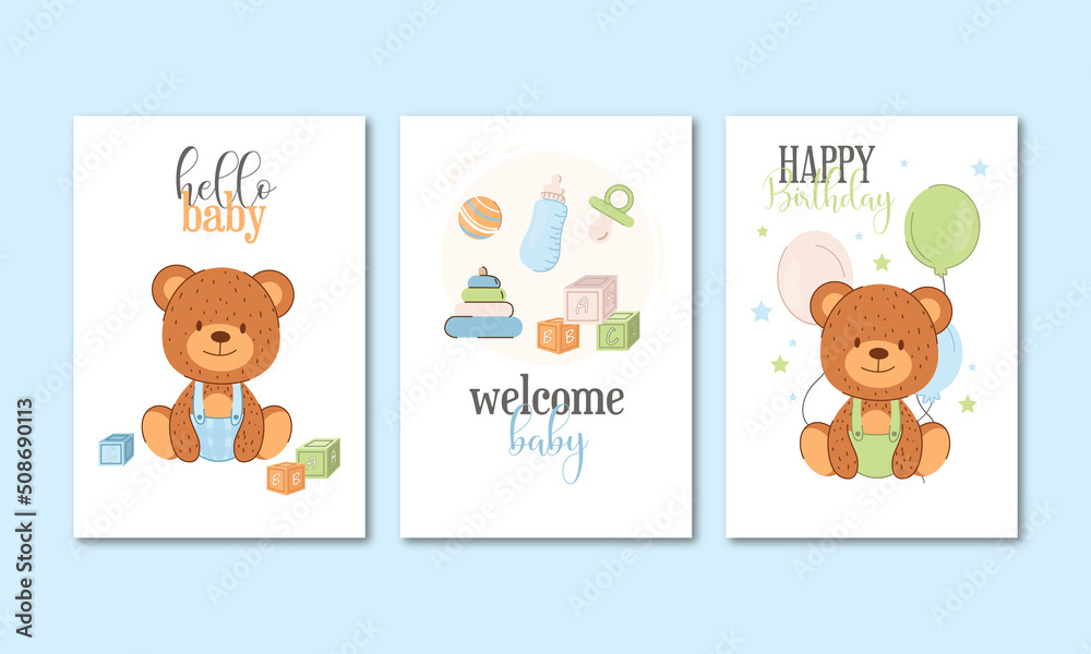Fototapeta premium Cute baby boy little bear on blue background with stars and hearts.