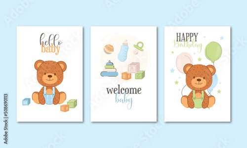 Cute baby boy little bear on blue background with stars and hearts.