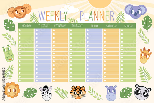 Weekly planner for kid. Child schedule for week with tropical jungle animals and plants.