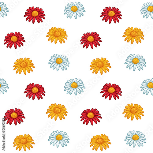 Red, white and yellow chamomile flowers. Seamless vector pattern.