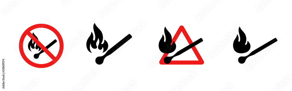 No open fire sign. A lit match in a prohibition sign. No Fire Ignition. Vector set isolated on white background. No open fire sign. A lit match in a prohibition sign. No Fire Ignition. Vector set isolated on white background.